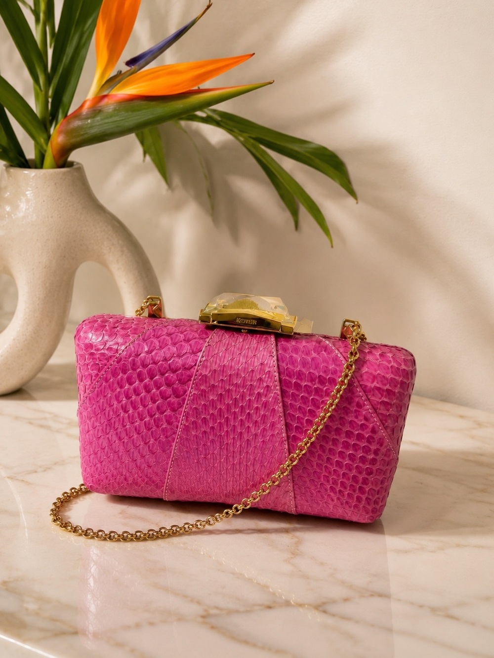 Kotur Pink Snakeskin Clutch w Crystal Clasp – Exotic Leather & Chain Strap